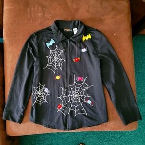 Halloween blk (L) colared jacket w/ embroidered webs spiders & bats in color